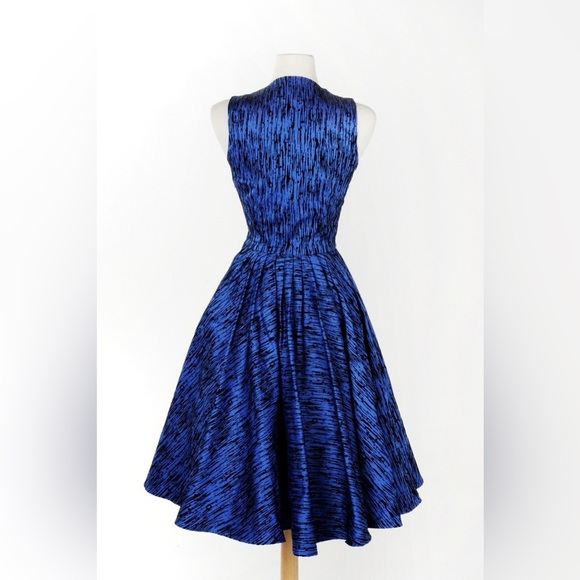 Laura Byrne Blue Flocked Vintage Fit Flare Retro Swing Dress Prom Wedding Formal - Picture 7 of 15